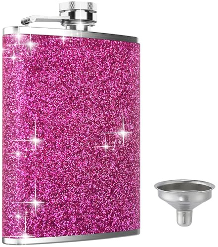 Hip Flask, KIKISML 8Oz Flask for Liquor Stainless Steel Spirit Flask with Never-Lose Cap and Funnel Leakproof Thin Portable Metal Flask for Camping Outdoor Activitie Wedding Party Gift, Hot Pink