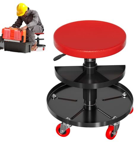 Froadp Werkstatthocker mit Rollen und Ablage Arbeitshocker Werkstattsitz aus PP und Eisen Mobiler Rollhocker für Werkstatt Garage Auto- und Maschinenreparaturen belastbar bis 130 kg (Rund)