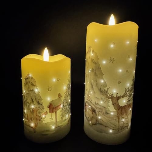 Online Fuchs 2er Set LED-Kerzen mit realistischer Flamme, Motiven, Funkellichtern und 6-Stunden Timerfunktion - 14 und 19 cm groß - Dekoration für Herbst, Winter und Weihnachten (Winterwald)
