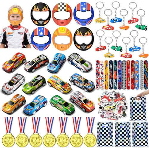 122 STK. Rennautos Party Mitgebsel Kindergeburtstag mit Mini Rennauto,Masken, Schlüsselanhänger,Schnapparmband, Rennwagen Give Aways Gastgeschenk Kindergeburtstag Pinata Füllung für Kinder Jungen