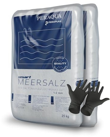 Peraplas Poolsalz 50 kg aus Meersalz, Schwimmbadsalz, Regeneriersalz, Chlorinator geeignet, Salzelektrolyse, Siedesalz inklusiv 1 Paar ARNOMED Einweghandschuh