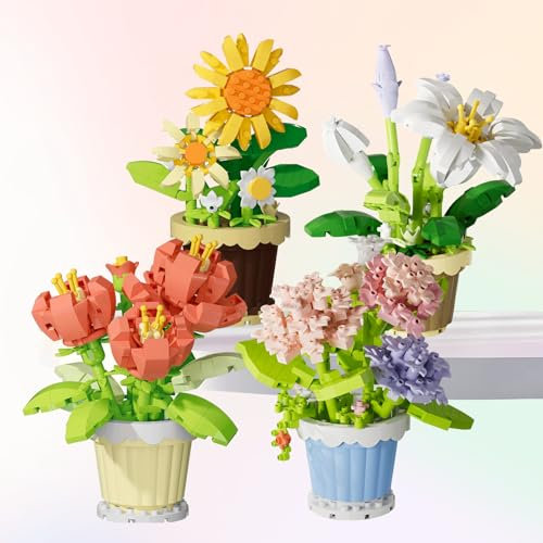 chenyu Mini Fleurs Blocs de Construction Simulation Tournesol Pivoine Œillet Lys Construction Fleur Bonsaï Kit Construction Bouquet Fleur Set de Briques de Fleurs pour DIY Activité Manuelle