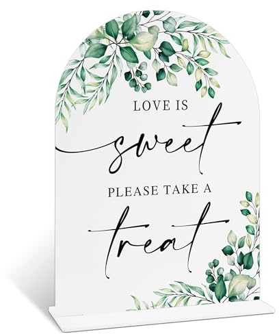 Love is Sweet Please Take a Treat Sign, 6x8 Acrylic Wedding Signs, Greenery Wedding Signage for Reception with Holder, Dessert Table Decor for Bridal Shower & Engagement Party Decorations