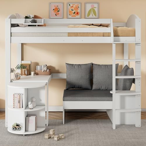Pangshiyuan Hochbett für Kinder mit Massivholzrahmen, Multifunktionales Design mit ausziehbarem Tisch, Sofa mit Stauraum, DREI Kissen, Polster, mit Leiter, Weiß, 90x200 cm