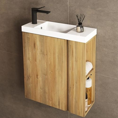 Jindoli Mueble Baño con Lavabo 55 CM - Conjunto De Mueble De Baño con 2 Estantes Laterales Exteriores y Ganchos, Mueble MONTADO y Lavabo Encastrado para el Cuarto (Roble Natural)