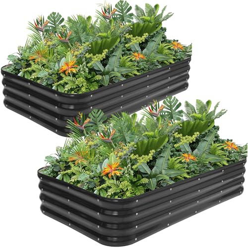 VIREO GARDEN Raised Garden Bed,4-in-1 Adjustable Planter Box, Grey-2Pack | Metal Raised Bed Planter Bed with Safety Edging and Gloves for Vegetables, Fruits, Flowers.