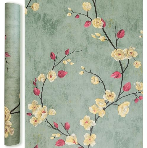 Qenlup Thick Floral Wallpaper Self Adhesive, 45x1000cm | Blossom Flower Vinyl Vintage Contact Paper Shelf Liner for Home Office Wall Furniture Renovation, Green