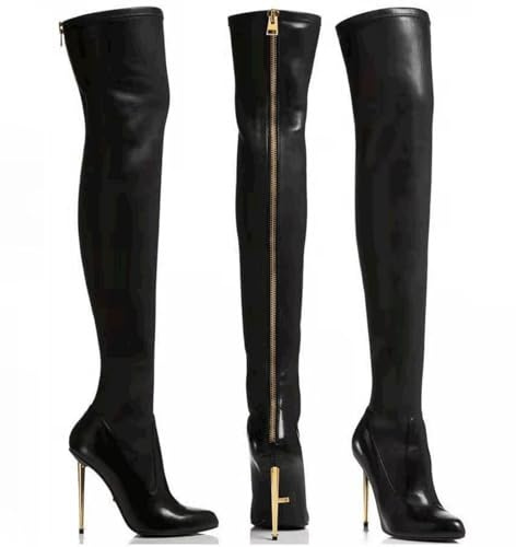 Bottes Cuissardes à Talons Aiguilles pour Femmes, Bottes Hautes Sexy à Talons Aiguilles Pointus et Fermeture éclair à l'arrière, Bottes Cuissardes Oversize en PU