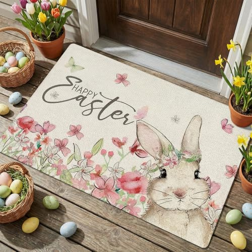 Gleemix Fußmatte Ostern Hase, Türmatte rutschfest Waschbar, Ostern Fussmatte Innen und Außen, 40 x 60 cm fußmatte frühling, Frühling Küche Bodenmatte Teppich
