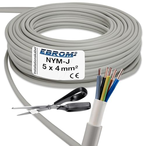 EBROM NYM-J 5x4 mm² Installationskabel Mantelleitung grau - Länge: 20 m | 5m bis 290 m, Installationsleitung Feuchtraumkabel, für die feste Verlegung in trockenen + feuchten Räumen 5x4 mm2 300V/500V
