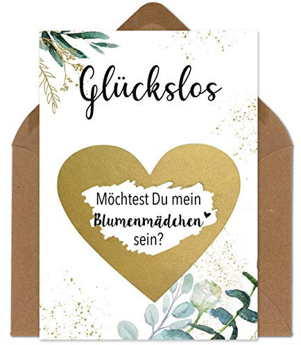 OWLBOOK Rubbelkarte Blumenmädchen Fragen Karte mit Rubbelherz Gold Geschenke Geschenkideen für Mädchen zur Hochzeit & Verlobung