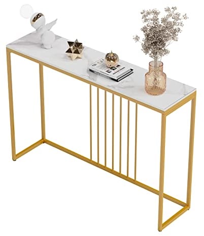 FATIVO Konsolentisch Marmor Schmal Gold: Eingang Tisch Skandinavisch mit Gold Metallgestell, Flurtisch für Schlafzimmer Wohnzimmer 120×30×79cm Weiß