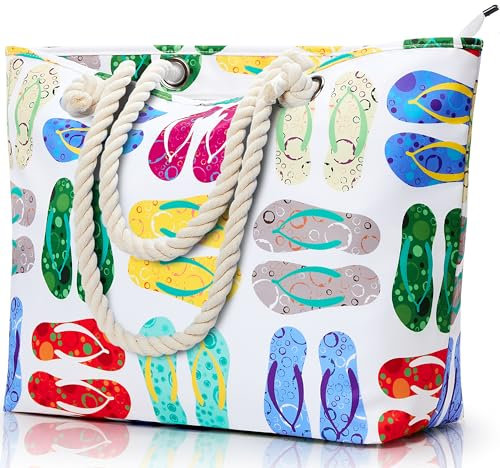 KALIDI Große Strandtasche mit Reißverschluss Wasserdicht Badetasche Strandtasche XXL Familie Beach Tote Bag mit Reißverschluss Große Shopper Damen Sporttasche Schultertasche, Pantoffel