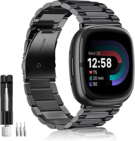 FINTIE Armband kompatibel mit Fitbit Versa 4 / Versa 3 / Fitbit Sense - Uhrenarmband Edelstahl Metall Ersatzband, Schwarz