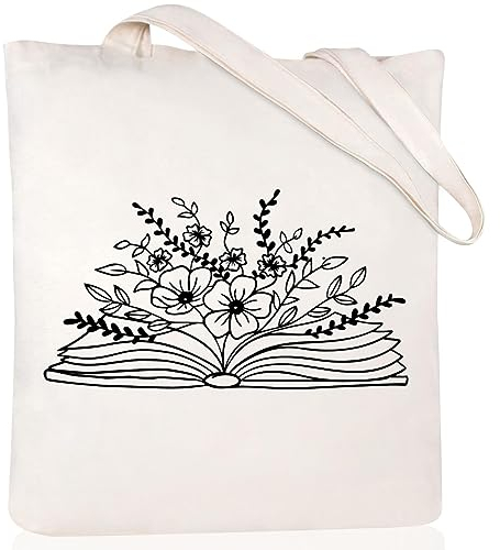 Andeiltech Canvas Tote Bag for Women Aesthetic Cute Cat Shopping Grocery Reusable Bags with Inner Zipper Women Gift, Black Book Flower