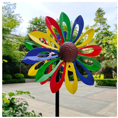 Windrad Metall, Doppelwindrad mit gegenläufigen Rotoren,174CM Gartenstecker Metall Blumen, Landschaft Terrasse, Rasens Oder Gartens,Color