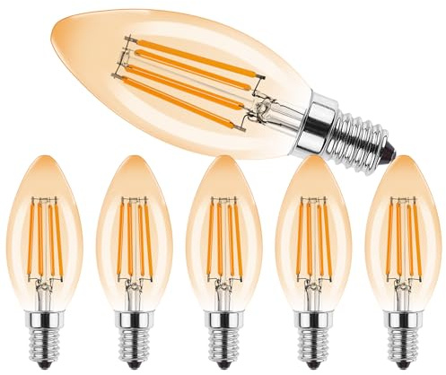 ProCrus Dimmbar E14 LED Kerze Glühbirne,4W Amber LED Glühbirnen Kerzenform,350LM,Ersetzt 35 Watt,C35 2700K Warmweiß,E14 LED Birne für Kronleuchter,Glas,6 Stück