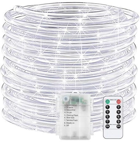 DINOWIN LED Schlauch Lichterkette Batterie Wasserdicht Lichterkette Draht mit Fernbedienung 8 Modi und Timer Lichtschlauch für Innen Außen Zimmer Party Garten (Weiß, 20M 200LED)