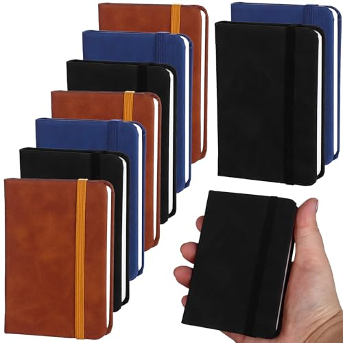 10 Pack Pocket Notebook Portable A7 Notebooks with Elastic Band Lined Paper Notepad 200 Pages 100 Sheets Soft Durable PU Leather Cover Memo Notebook Bulk for Office School Travel(blue, black, brown)