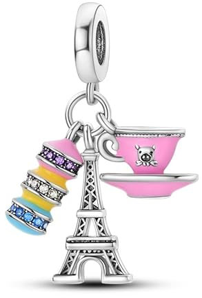MARJS Afternoon Tea Cup Macaroon Eiffel Tower Paris France Love Heart Charm Bead Pendant 925 Sterling Silver Dangle Compatible With Pandora Charm Bracelet