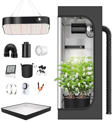 Growzelt Komplettset Anbau Set mit 200W LED Vollspektrum Grow Lampe Dimmbar, 50x50x120cm GrowZelt Kit Komplettes Hydroponics Grow Tent Complete Set(50x50x120cm)