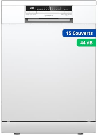 GEDTECH Lave-vaisselle GLV1544WH 15cv - Tiroir à couverts - 44 dB - Très silencieux - Départ Différé - Eco - Intensif - Rapide – Faible conso - Classe C - Blanc - Protection enfant