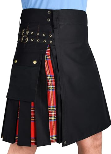 Idopy Jupe plissée hybride écossaise avec poches cargo et sangles en cuir réglables pour homme