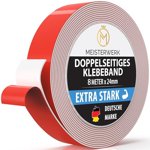 MEISTERWERK Doppelseitiges Klebeband ohne Bohren - [EXTRA STARK] - Universelles Montageband I Doppelseitiges Klebeband stark I Doppelklebeband (8m x 24mm)