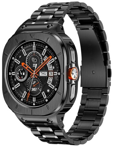 Deczone Bracelet en acier inoxydable avec boîtier compatible avec Samsung Galaxy Watch Ultra 47 mm, coque de protection robuste et bracelet en métal pour Samsung Galaxy Watch 7 Ultra pour homme, Acier