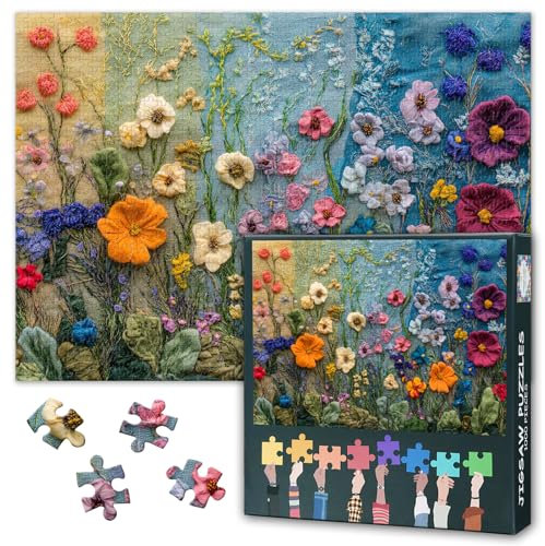 Flowers Jigsaw Puzzles 1000 Pieces for Adults, Detailed Close Up of Wildflowers Embroider on a Cloth Rompecabezas Para Adultos Earth Day Biodiversity Impossible Challenging Puzzles 20x28 inch