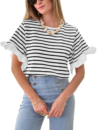 Tankaneo T Shirt Damen Streifen Shirts Rundhals Gestreiftes Oberteile Sommertops mit Rüschenärmel(Schearz,L)