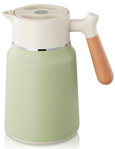 1.5L Thermoskanne, Edelstahl Isolierkanne, Kaffeekanne Thermo Doppelwandige Vakuumisolierung, Kaffeekanne Teekanne mit Holzoptik griff, Warmhaltekanne für Wasser, Kaffee, Tee, Getränk (Weiß+Grün)