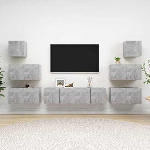 HETFTJN 8-teiliges TV-Schrank-Set Betongrau Lowboard aus robustem Holzwerkstoff 60x30x30 cm & 30,5x30x30 cm Modernes Wandboard mit großem Stauraum für Wohnzimmer & Flur