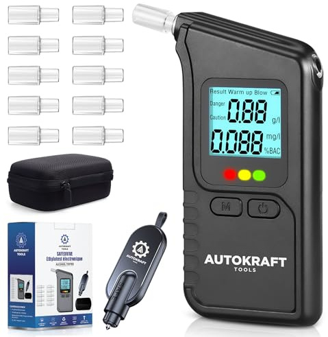 Autokraft Tools - Ethylotest Electronique homologué - Marteau Brise-vitre/Coupe-Ceinture Offert - étui de Rangement, 10 Embouts de Rechange