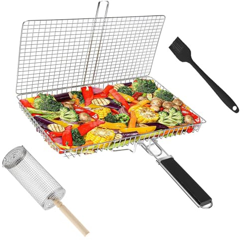 Juego de Cestas para Parrilla, Set de Cesta de Parrilla Rodadiza en Acero Inoxidable Rejilla Barbacoa con Asa Extraíble Accesorios Barbacoa para Verduras y Camarones Hombre Padre