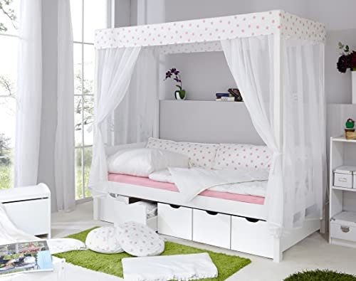 TiCAA Himmelbett Weiß-Rosa 310 Kiefer Weiß (Weiß/Rosa Stern)