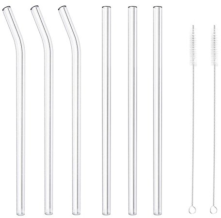MIXIAO Glas Strohhalme handgefertigt - 6er Set mit 2 Reinigungsbürsten (3 Biegung 3 gerade) (Durchmesser 10 mm)