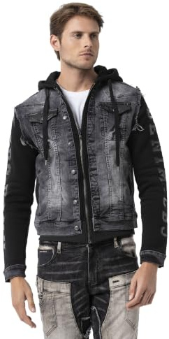 Cipo & Baxx Herren Hybrid-Denimjacke CJ-155 Schwarz - Klassische Denim, Sport Verschiedene Jackenmodelle - Sweat-Kapuze und Sweatärmeln - mit Modernen Komfort-Details - CJ-155 Schwarz S