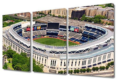 Macombs Dam Park, New York – Das berühmte Yankee Stadion mit Downtown NY im Hintergrund für Wohnzimmer, 3-teiliges Wandbild auf Leinwand, modernes Kunstwerk, fertig zum Aufhängen, 91.4x61 cm