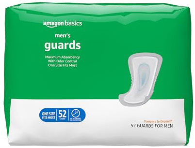 Amazon Basics Men's Incontinence Guards, Maximum Absorbency, 52 Count, (1 Pack of 52), Packaging May Vary