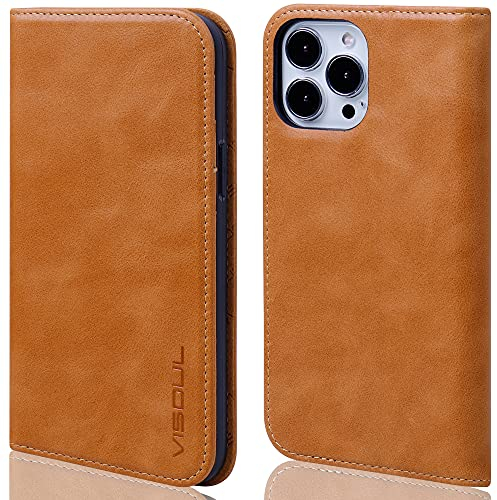 VISOUL Hülle für iPhone 13 Pro Max Handyhülle Schutzhülle TPU [Echtleder] [Kartenfach] [Magnet] [Standfunktion],Stoßfest Lederhülle Kompatibel mit iPhone 13 Pro Max 6,7 Khaki