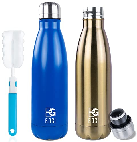 BOGI 2 Pack Insulated Water Bottle, 500ml Stainless Steel, Keeps Drink Hot & Cold, Leakproof, Lightweight, Double Wall, Sports Water Bottle for Girls Kids with Cleaning Brush (Champagne + Dblue)