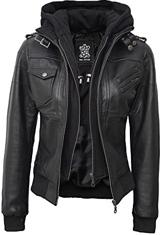 fjackets Damen Lederjacke – echtes Lammfell Bomber Lederjacke Frauen mit abnehmbarer Kapuze, Edinburgh Schwarze Lederjacke Damen, XS