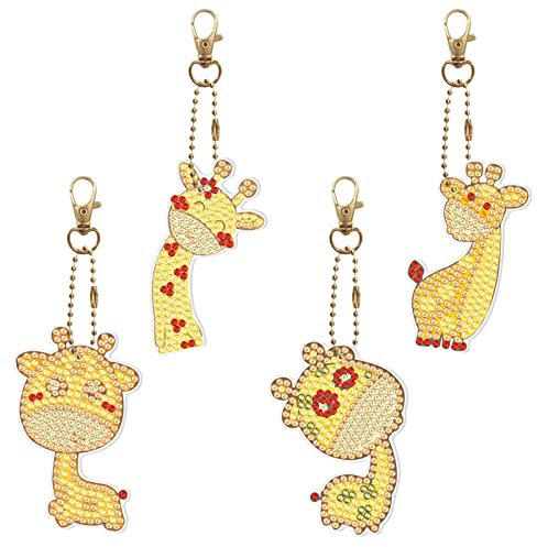 LUSandy Lot de 4 porte-clés 5D à faire soi-même - Motif girafe - Pour sac à dos et sac à bandoulière - Forme spéciale - Pour adultes et enfants