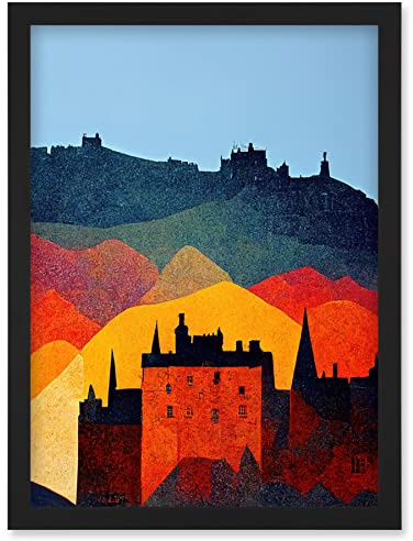 Wee Blue Coo Edinburgh in Autumn Scotland Scottish Modern Folk Art Multi Coloured Cityscape Artwork Framed Wall Art Print A4