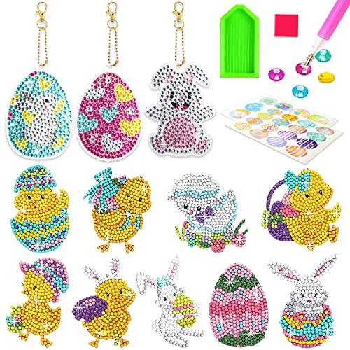 LGZIN 5D Diamond Painting Ostern, Diamond Painting Kinder, Ostern Diamant Aufkleber Kit, Diamond Painting Sticker mit Diamond Painting Schlüsselanhänger, Ostern Geschenk für Jungen und Mädchen
