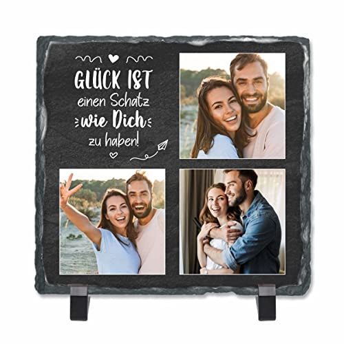 Geschenke.de Schiefertafel mit Spruch Glück ist einen Schatz wie Dich zu haben zum Aufstellen, Personalisiertes Geschenk für Verliebte 3 Fotos, Dekoration für Valentinstag, Geburtstag & Weihnachten