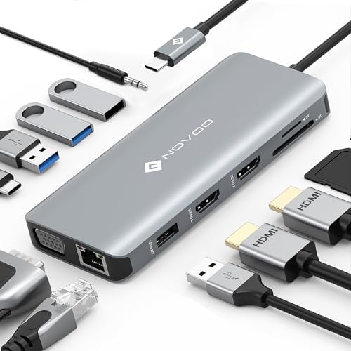 NOVOO Multiport Docking Station 12 in 1, USB C Hub auf Dual HDMI, USB x 4, PD 100 W, Ethernet RJ45, SD/TF-Kartenleser, Dockingstation für MacBook Air Pro HP Dell XPS