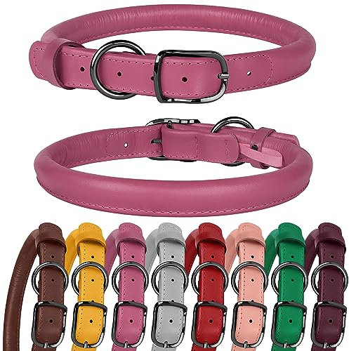 BUDKAS Rolled Leather Dog Collar for Small Medium Large Dogs Puppy Durable Adjustable Soft Round Rope Pet Collars (17-21 Neck Fit, Pink)