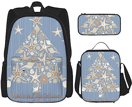 3-teiliges Weihnachtsrucksack-Set, verstellbare Schultertaschen-Set mit Lunchbox, Federmäppchen, Muschel-Weihnachten, Einheitsgröße, Tagesrucksäcke